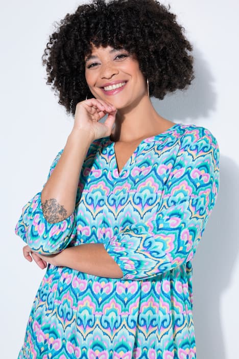 Kleid, A-Linie, Alloverprint, 3/4-Ärmel, Volants