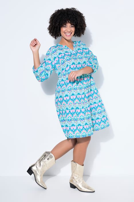 Kleid, A-Linie, Alloverprint, 3/4-Ärmel, Volants