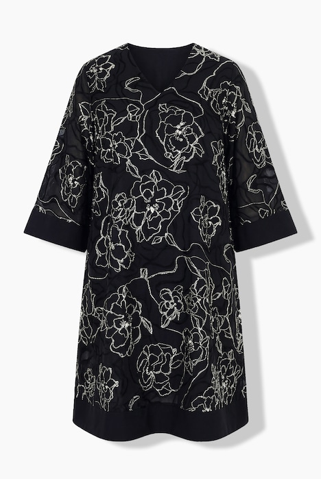 Kleid, Seidenmix, A-Linie, V-Ausschnitt, 3/4-Glockenarm