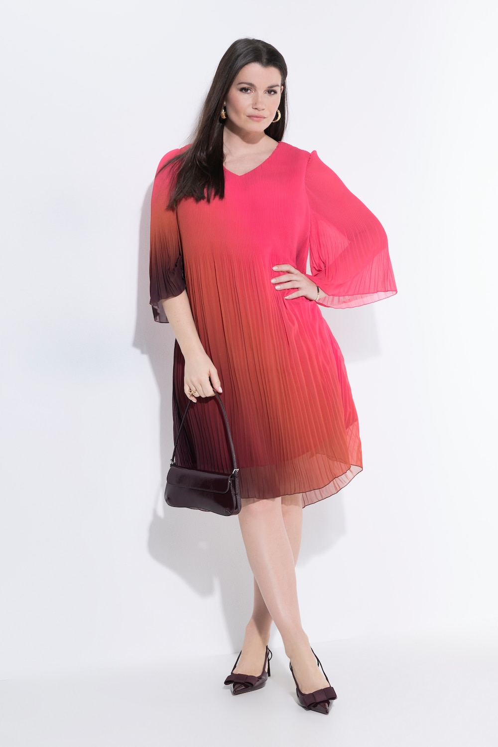 Plissee-Kleid, Farbverlauf, A-Linie, V-Ausschnitt, 3/4-Arm
