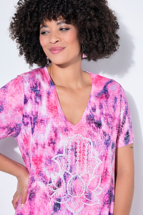 T-Shirt, A-Linie, Yoga-Motiv mit Glitzersteinchen