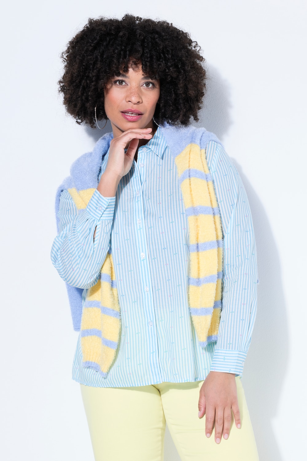 Hemdbluse, Loose Fit, Streifen, Pastell-Stickerei