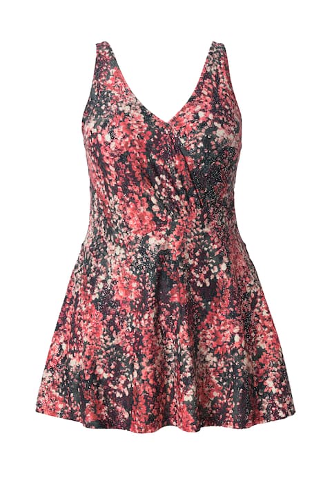 Plavkové šaty, puntíkovaný květinový motiv, měkké košíčky, zavinovací vzhled