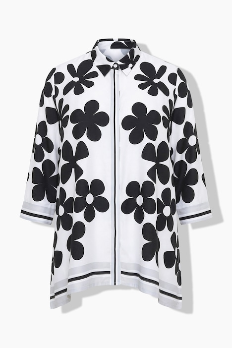Satinblus med blommor, oversized, skjortkrage och trekvartsärm