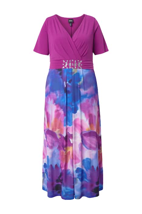 maxi šaty, akvarelové květiny, A střih, V výstřih, polo rukávy