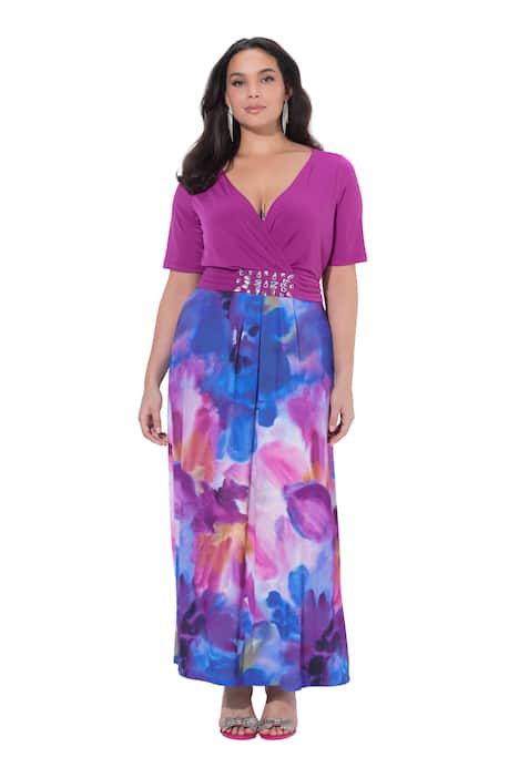 maxi šaty, akvarelové květiny, A střih, V výstřih, polo rukávy