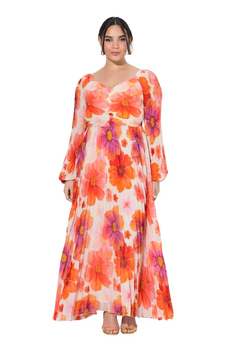 Maxi šaty, květinový vzor, výstřih ve tvaru srdce, dlouhý rukáv