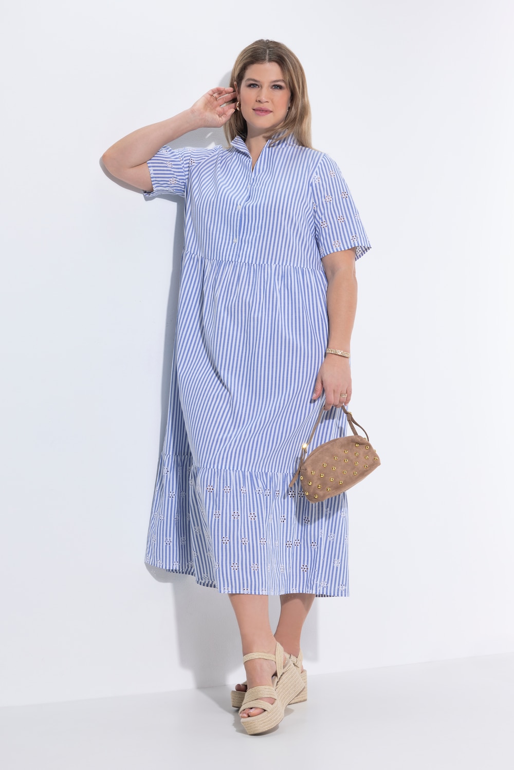 Kleid, Streifen, A-Linie, Kelchkragen, Halbarm, Taschen