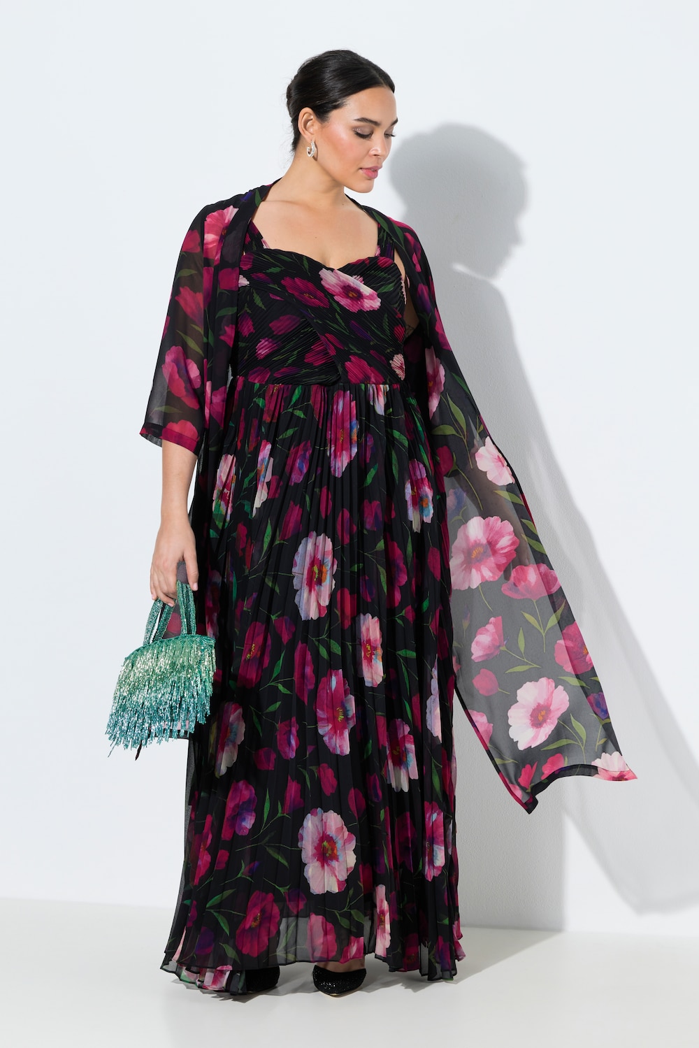 Chiffon vest, bloemen, open model, sjaalkraag, 3/4-mouwen