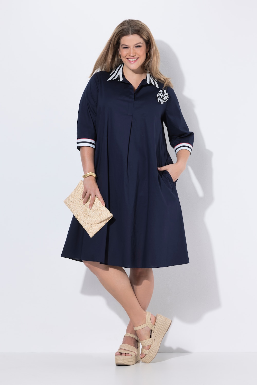 Kleid, Streifen, A-Linie, V-Ausschnitt, 3/4-Arm