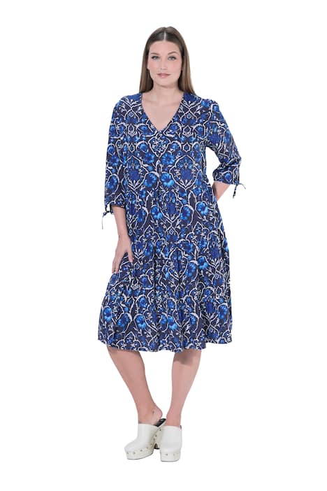 Midi šaty, květiny, V výstřih, 3/4 rukávů, kapsy