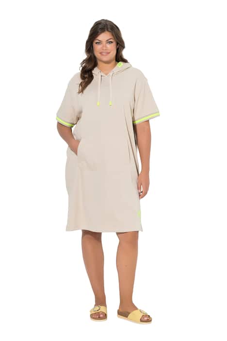 Plážové teplákové šaty, polo rukáv, kapuce, potisk na zádech