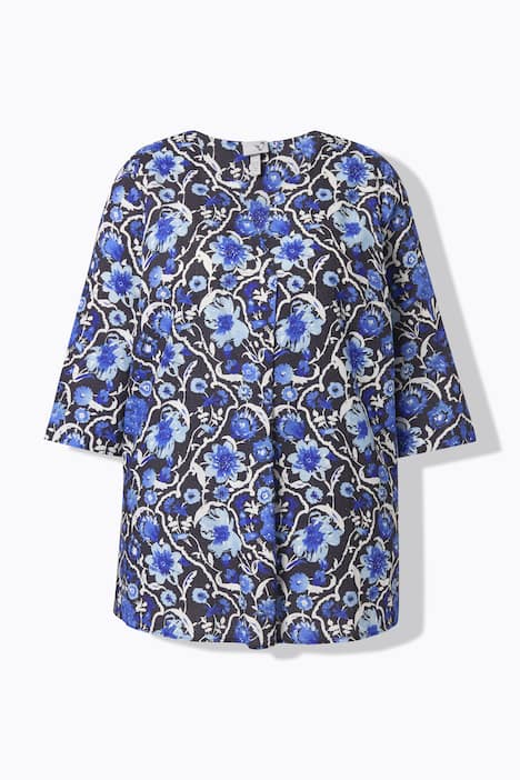 Blouse à fleurs, col tunisien et manches 3/4