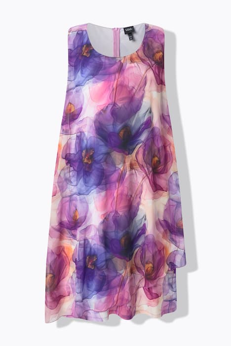 Abito di chiffon dal taglio svasato e con fuori, scollo a girocollo e senza maniche