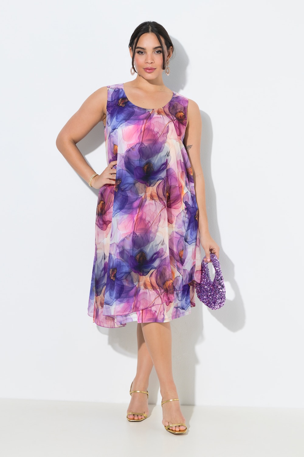 Chiffonkleid, Blüten, A-Linie, Rundhals, ärmellos