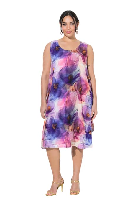 šifonové šaty, květinový vzor, áčkový střih, kulatý výstřih, bez rukávů