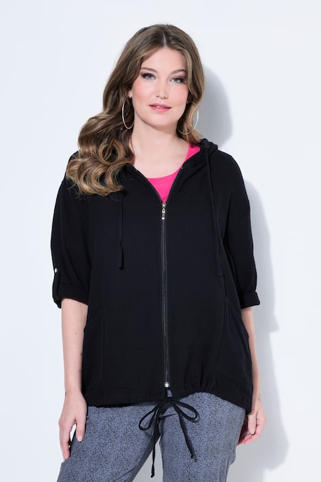 Musselin-Bluse, Komfort Fit, 3/4-Ärmel, Saum-Tunnelzug