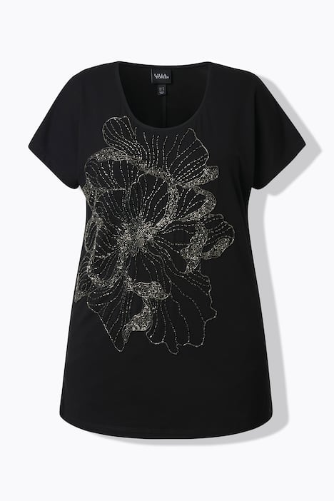 T-shirt, glittersteentjes-bloemen, ronde hals, korte mouwen