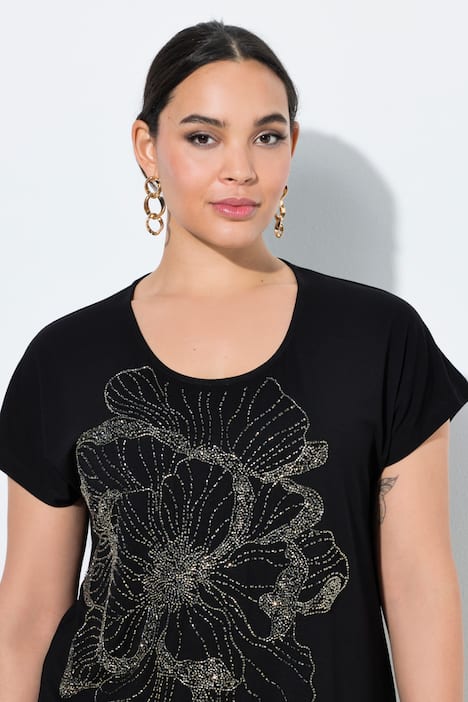T-shirt, glittersteentjes-bloemen, ronde hals, korte mouwen