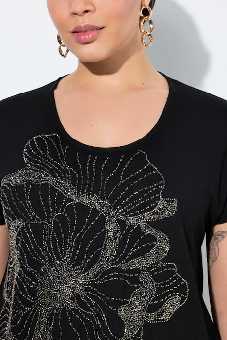 T-shirt, glittersteentjes-bloemen, ronde hals, korte mouwen