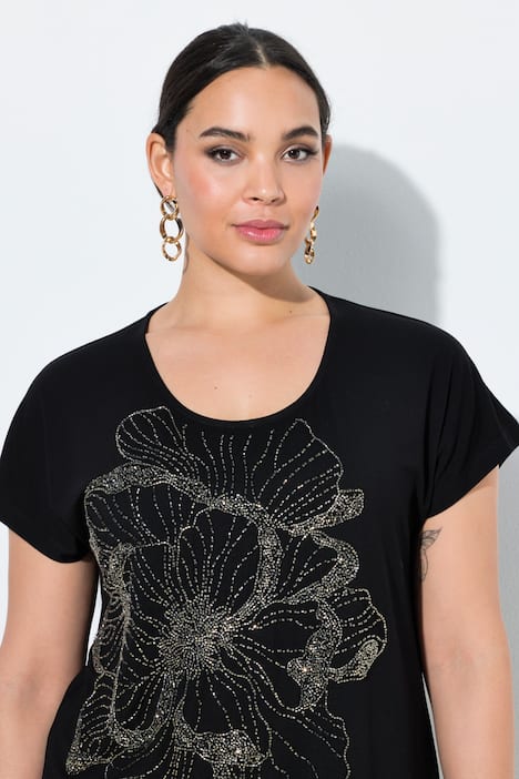 T-shirt, glittersteentjes-bloemen, ronde hals, korte mouwen