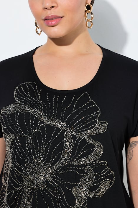 T-shirt, glittersteentjes-bloemen, ronde hals, korte mouwen