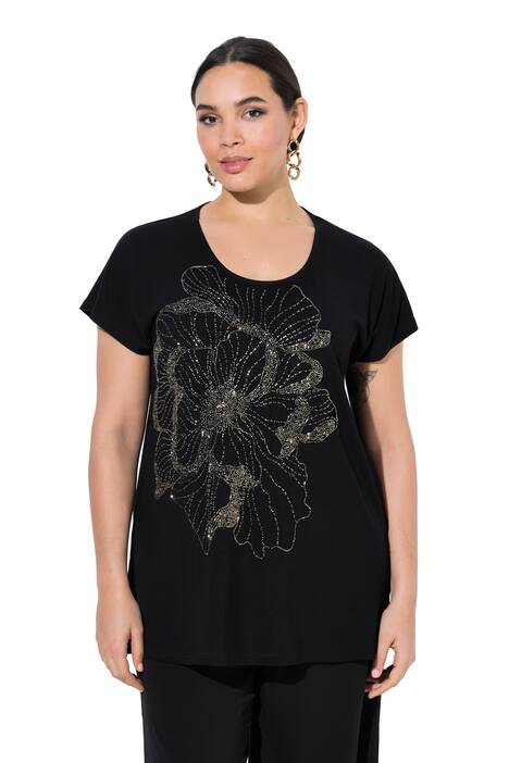 Halenka, květinový vzor s třpytivými kamínky, kulatý výstřih, polo rukávy