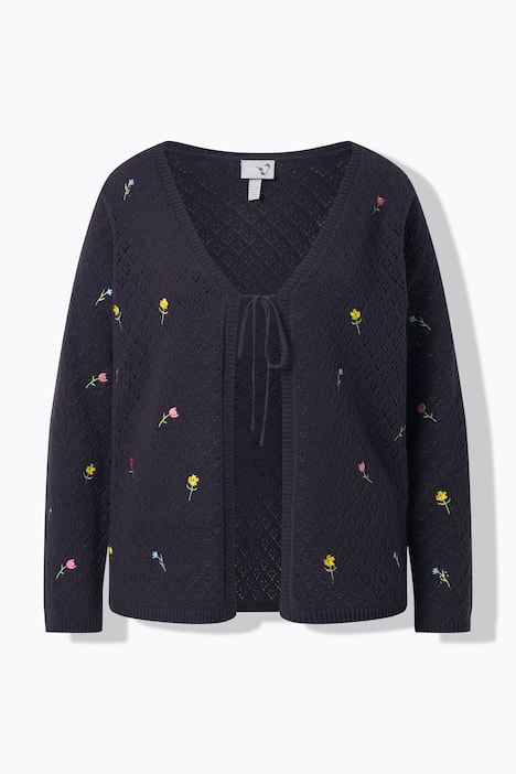 Chaqueta de punto, flores bordadas, escote en V, manga larga