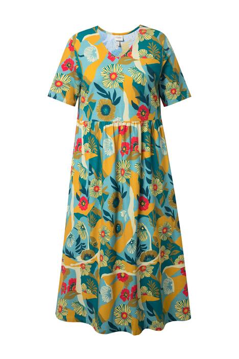 Žerzejové šaty, květinový vzor, kulatý výstřih, polo rukávy, bio-bavlna