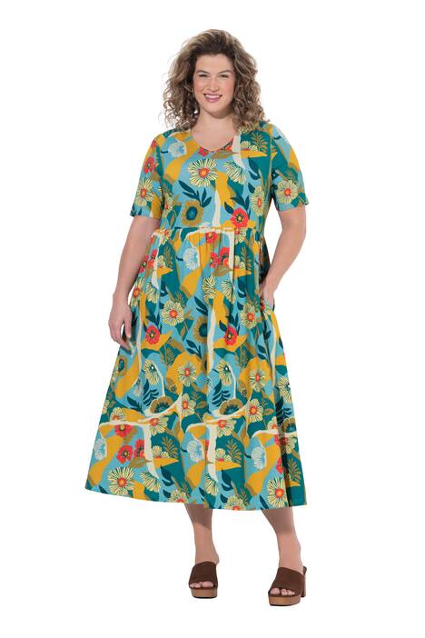 Žerzejové šaty, květinový vzor, kulatý výstřih, polo rukávy, bio-bavlna