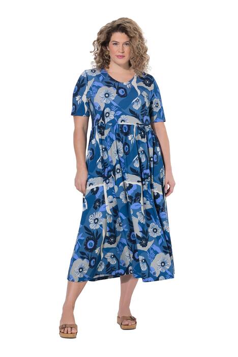 Žerzejové šaty, květinový vzor, kulatý výstřih, polo rukávy, bio-bavlna