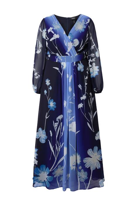 Večerní šaty, květinový vzor, A střih, V výstřih, dlouhé rukávy