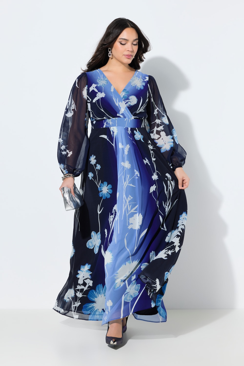 Abendkleid, Blüten, A-Linie, V-Ausschnitt, Langarm