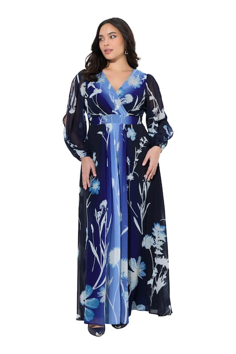 Večerní šaty, květinový vzor, A střih, V výstřih, dlouhé rukávy