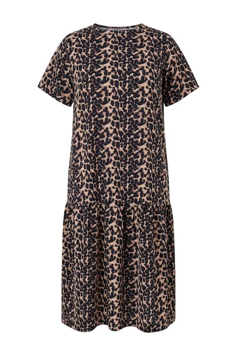 Midi šaty, áčkový střih, leopardí vzor, polo rukávy, volánky