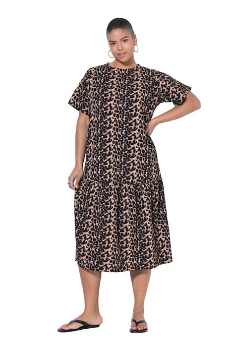 Midi šaty, áčkový střih, leopardí vzor, polo rukávy, volánky