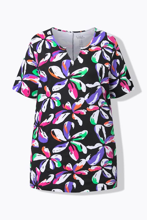 Długa bluzka, kwiaty, dekolt tunikowy, rękaw 1/2