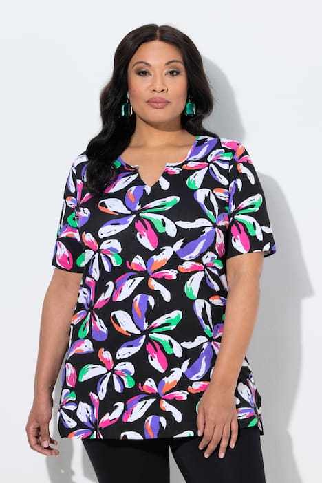 Długa bluzka, kwiaty, dekolt tunikowy, rękaw 1/2