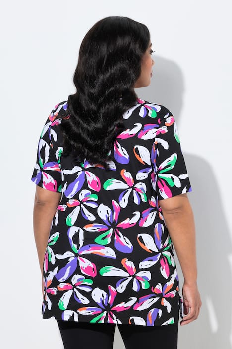 Długa bluzka, kwiaty, dekolt tunikowy, rękaw 1/2