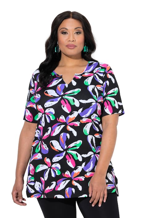 Dlouhé tričko, květinový vzor, tunikový výstřih, polo rukávy