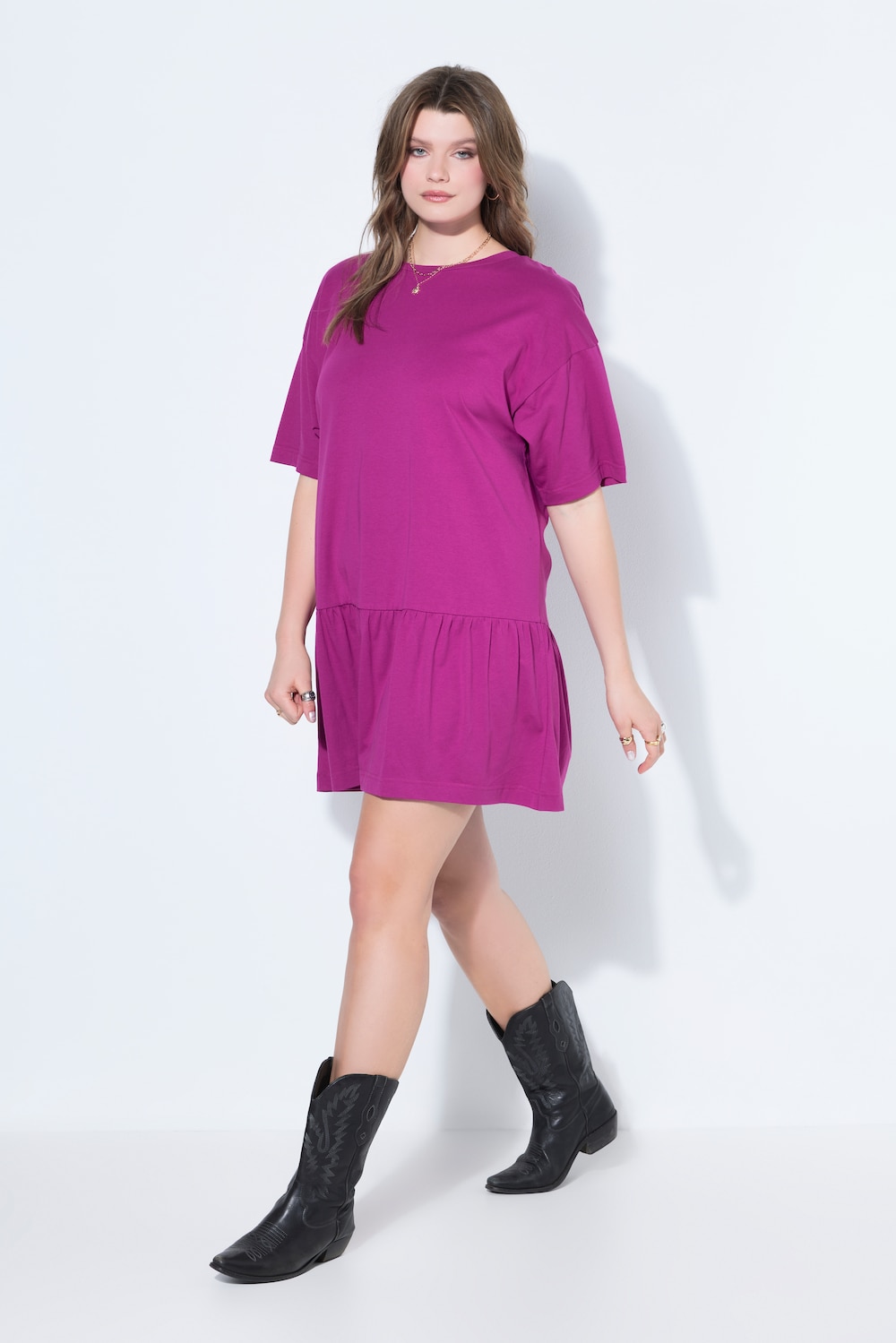 Jerseykleid, A-Linie, Saumvolant, Halbarm