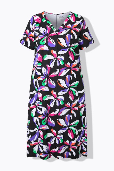 Midikleid, Blüten, A-Linie, V-Ausschnitt, Halbarm, Taschen