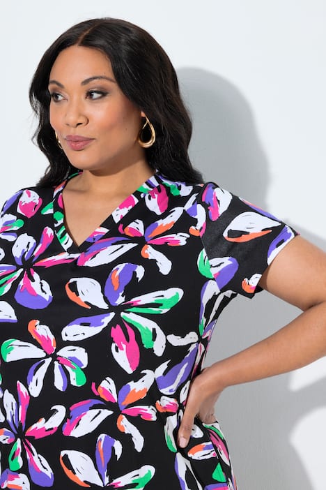 Midikleid, Blüten, A-Linie, V-Ausschnitt, Halbarm, Taschen