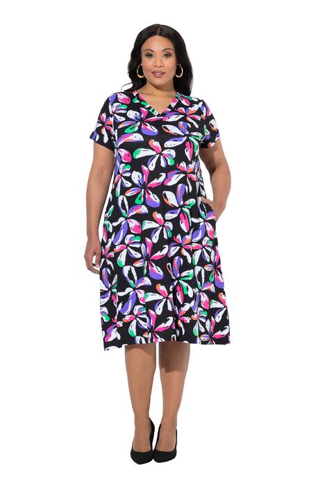 Midi šaty, květinový vzor, áčkový střih, V výstřih, polo rukávy, kapsy