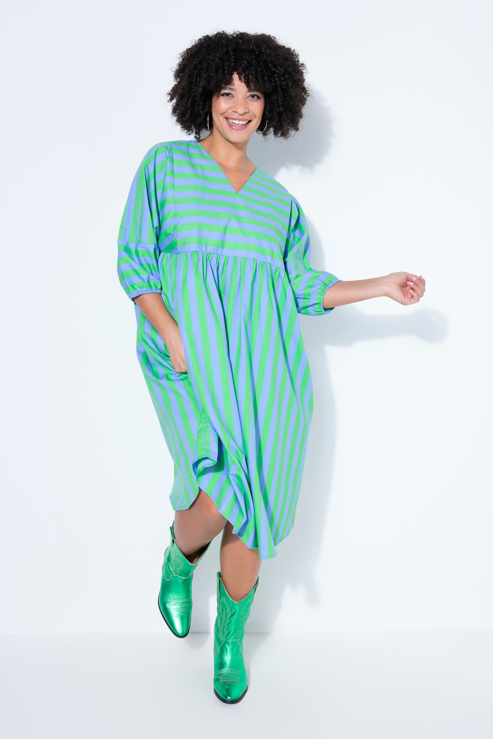 Midikleid, A-Linie, Streifenmix, 3/4-Ballonärmel