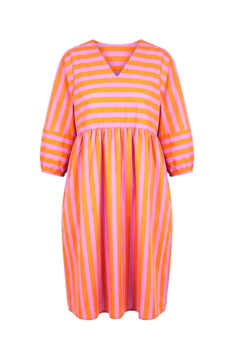 Midi šaty, áčkový střih, mix pruhů, 3/4 balónové rukávy