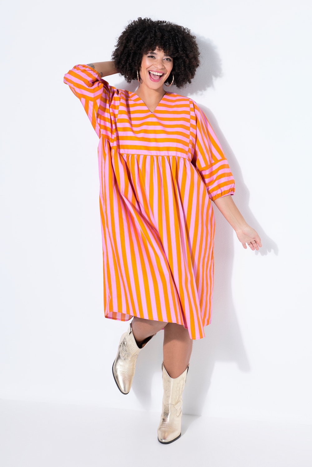 Midikleid, A-Linie, Streifenmix, 3/4-Ballonärmel