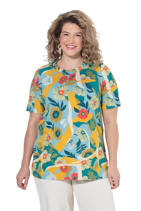 Tričko, květinový vzor, kulatý výstřih, polo rukáv, bio-bavlna