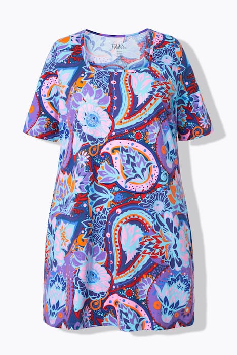 Longshirt, gemustert, Carré-Ausschnitt, Halbarm, Taschen