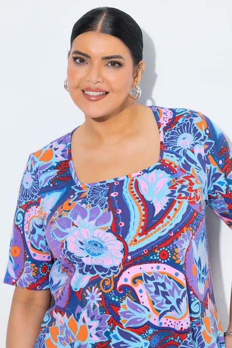 Longshirt, gemustert, Carré-Ausschnitt, Halbarm, Taschen